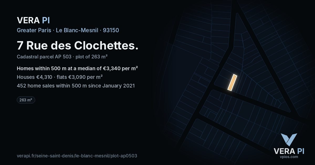 7 Rue des Clochettes, Le Blanc-Mesnil at night – the plot lit, the parcels around coloured by the prices near them