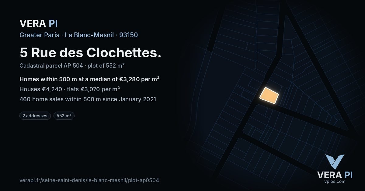 5 Rue des Clochettes, Le Blanc-Mesnil at night – the plot lit, the parcels around coloured by the prices near them