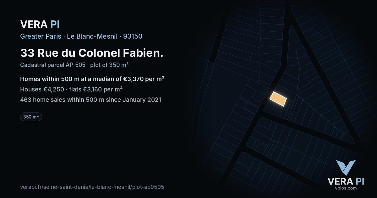 33 Rue du Colonel Fabien, Le Blanc-Mesnil at night – the plot lit, the parcels around coloured by the prices near them