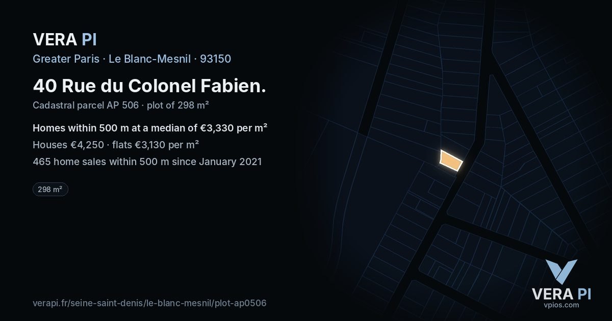 40 Rue du Colonel Fabien, Le Blanc-Mesnil at night – the plot lit, the parcels around coloured by the prices near them