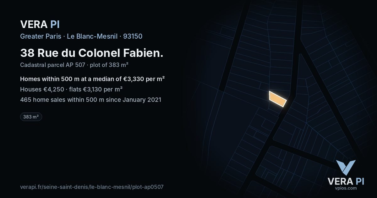 38 Rue du Colonel Fabien, Le Blanc-Mesnil at night – the plot lit, the parcels around coloured by the prices near them