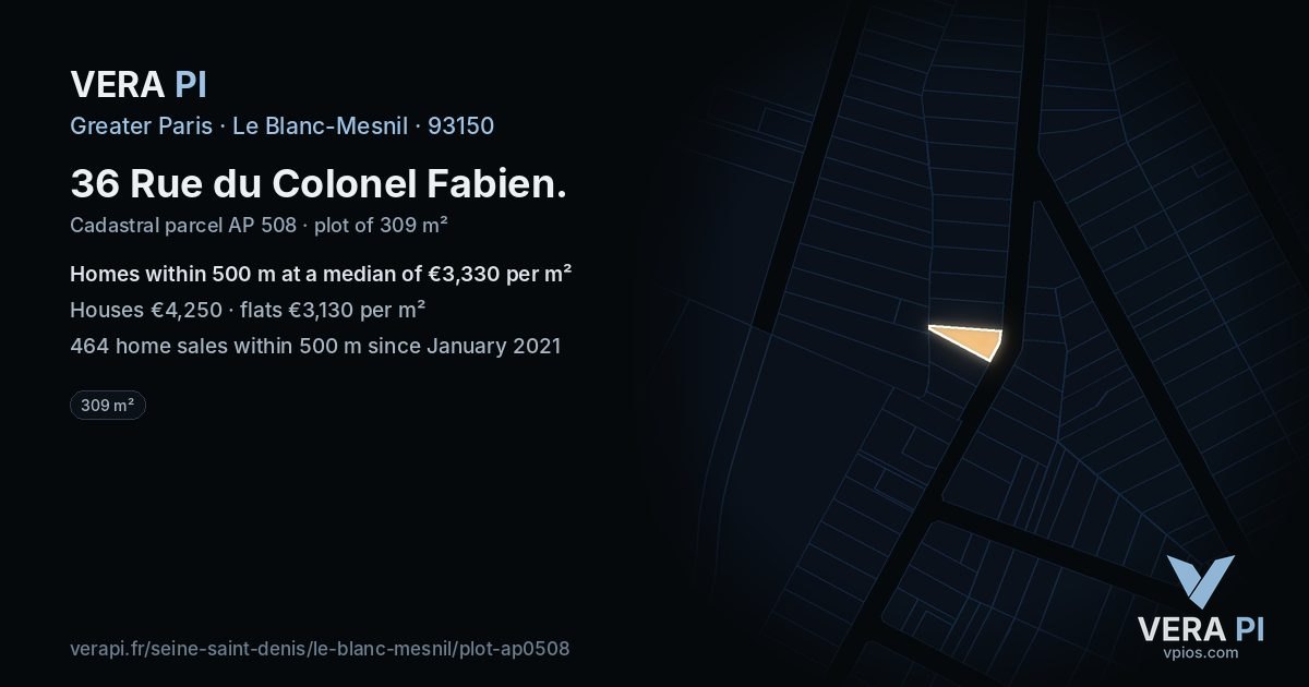 36 Rue du Colonel Fabien, Le Blanc-Mesnil at night – the plot lit, the parcels around coloured by the prices near them