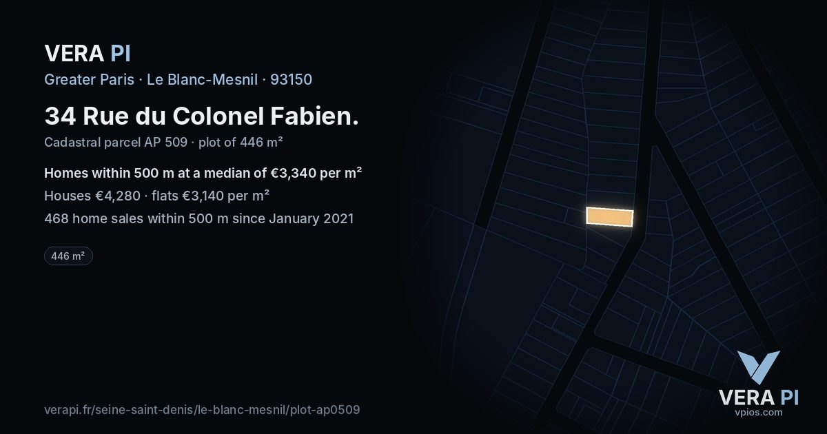 34 Rue du Colonel Fabien, Le Blanc-Mesnil at night – the plot lit, the parcels around coloured by the prices near them
