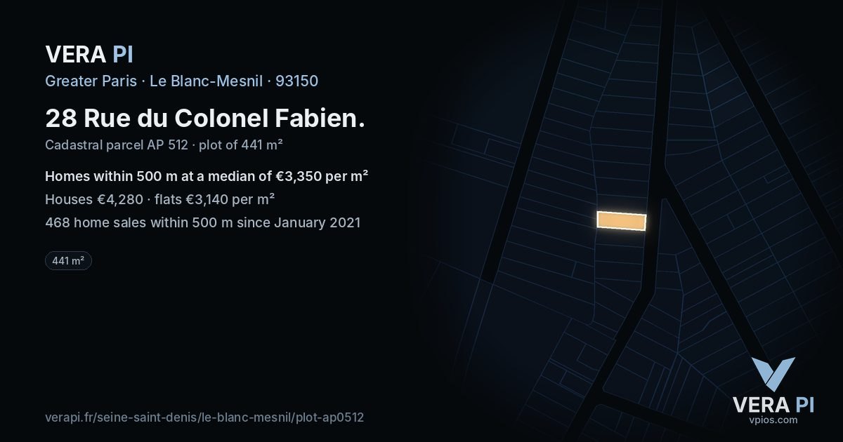 28 Rue du Colonel Fabien, Le Blanc-Mesnil at night – the plot lit, the parcels around coloured by the prices near them