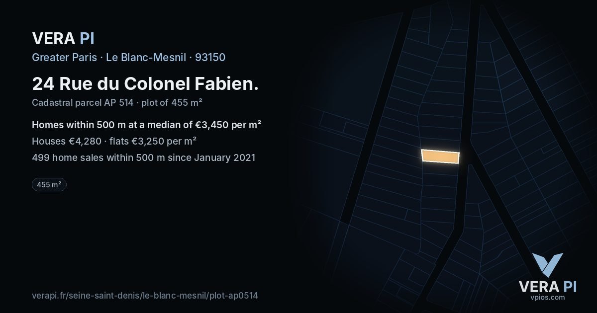 24 Rue du Colonel Fabien, Le Blanc-Mesnil at night – the plot lit, the parcels around coloured by the prices near them