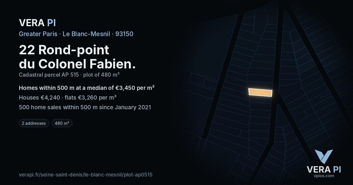 22 Rond-point du Colonel Fabien, Le Blanc-Mesnil at night – the plot lit, the parcels around coloured by the prices near them