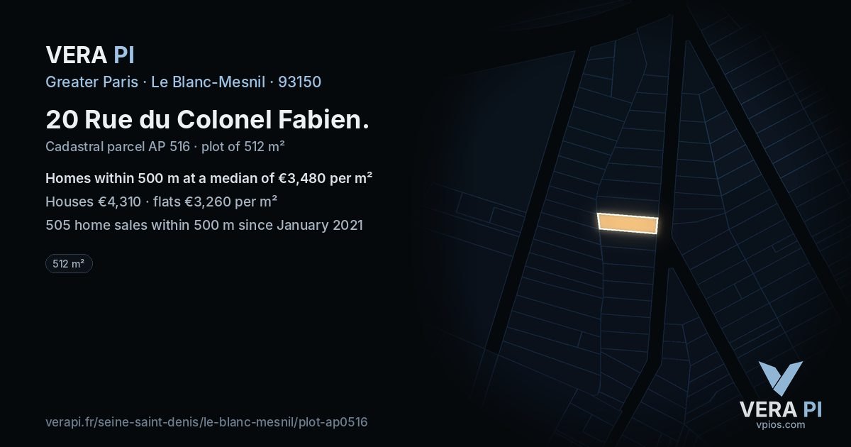 20 Rue du Colonel Fabien, Le Blanc-Mesnil at night – the plot lit, the parcels around coloured by the prices near them