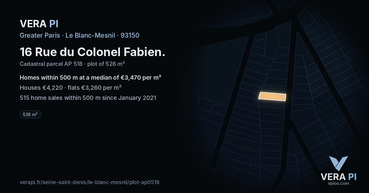 16 Rue du Colonel Fabien, Le Blanc-Mesnil at night – the plot lit, the parcels around coloured by the prices near them