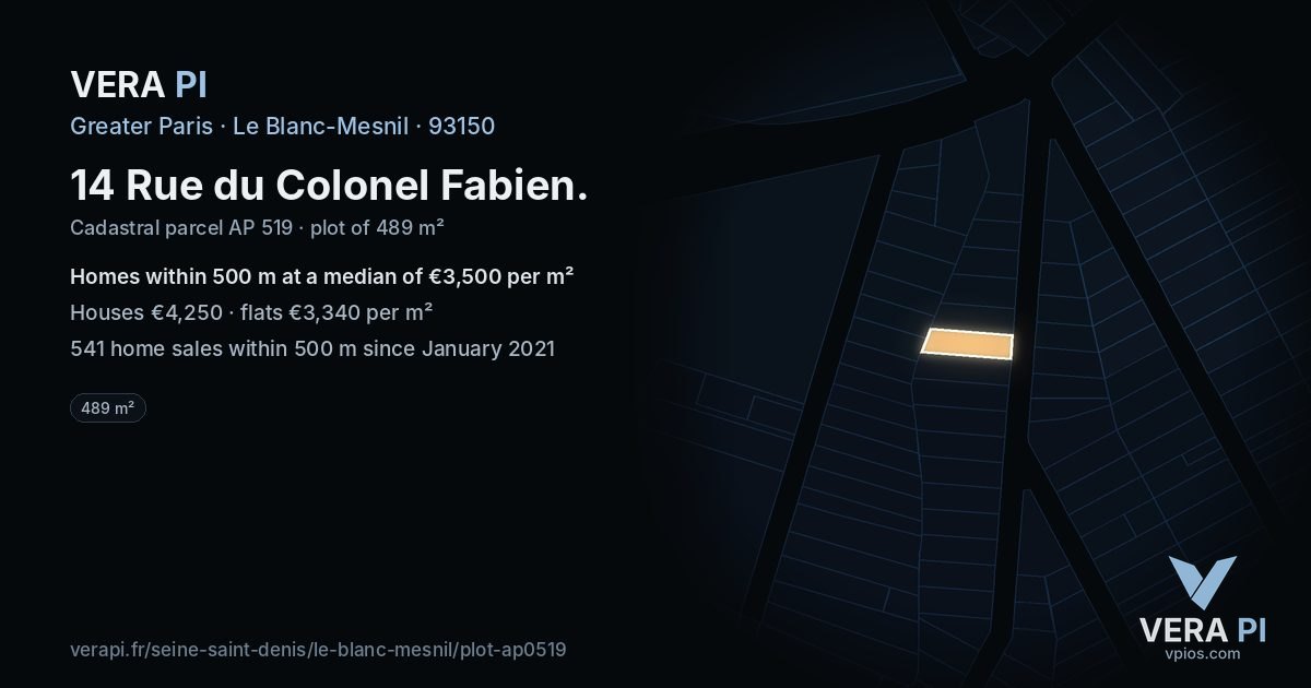 14 Rue du Colonel Fabien, Le Blanc-Mesnil at night – the plot lit, the parcels around coloured by the prices near them
