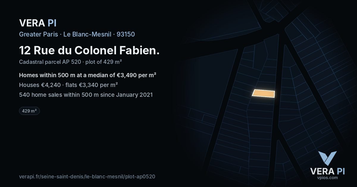 12 Rue du Colonel Fabien, Le Blanc-Mesnil at night – the plot lit, the parcels around coloured by the prices near them