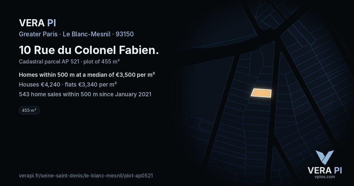 10 Rue du Colonel Fabien, Le Blanc-Mesnil at night – the plot lit, the parcels around coloured by the prices near them