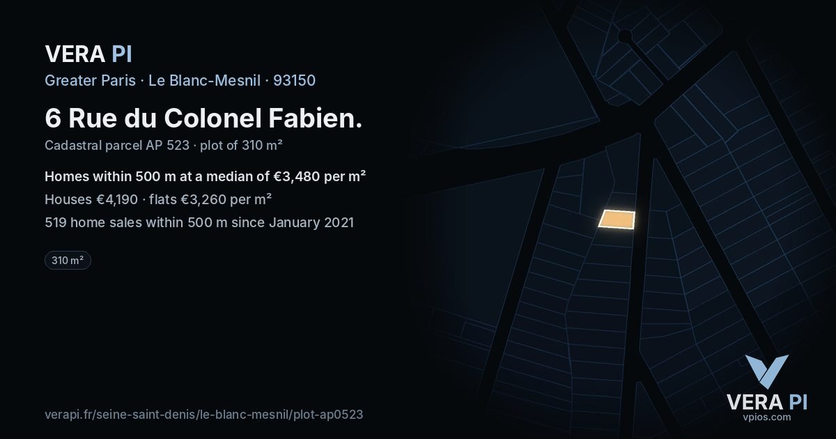 6 Rue du Colonel Fabien, Le Blanc-Mesnil at night – the plot lit, the parcels around coloured by the prices near them