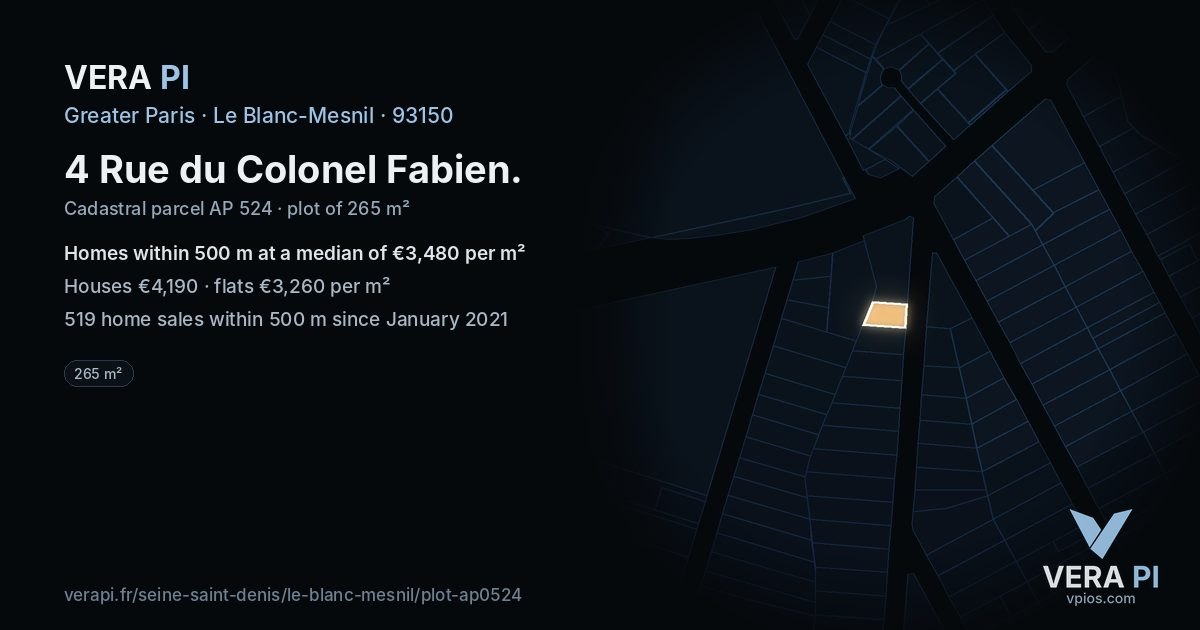 4 Rue du Colonel Fabien, Le Blanc-Mesnil at night – the plot lit, the parcels around coloured by the prices near them