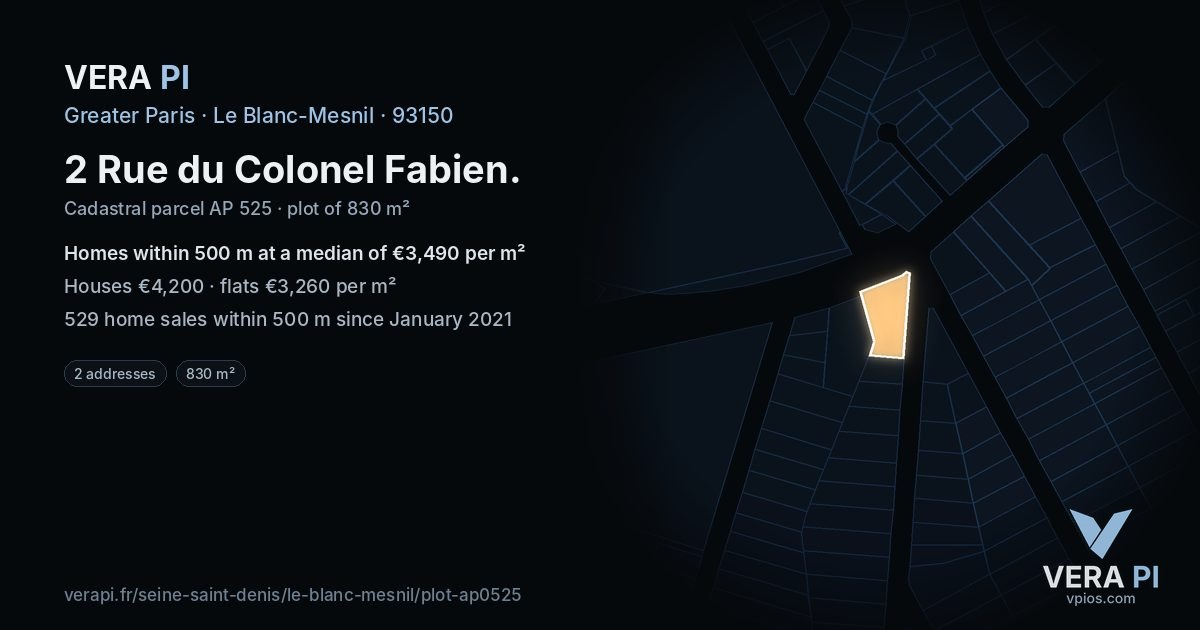 2 Rue du Colonel Fabien, Le Blanc-Mesnil at night – the plot lit, the parcels around coloured by the prices near them