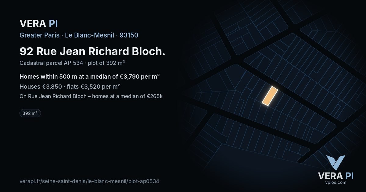 92 Rue Jean Richard Bloch, Le Blanc-Mesnil at night – the plot lit, the parcels around coloured by the prices near them