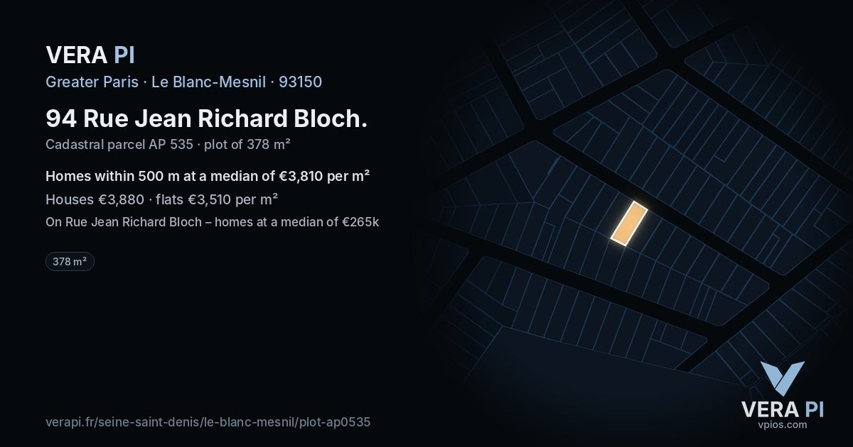 94 Rue Jean Richard Bloch, Le Blanc-Mesnil at night – the plot lit, the parcels around coloured by the prices near them