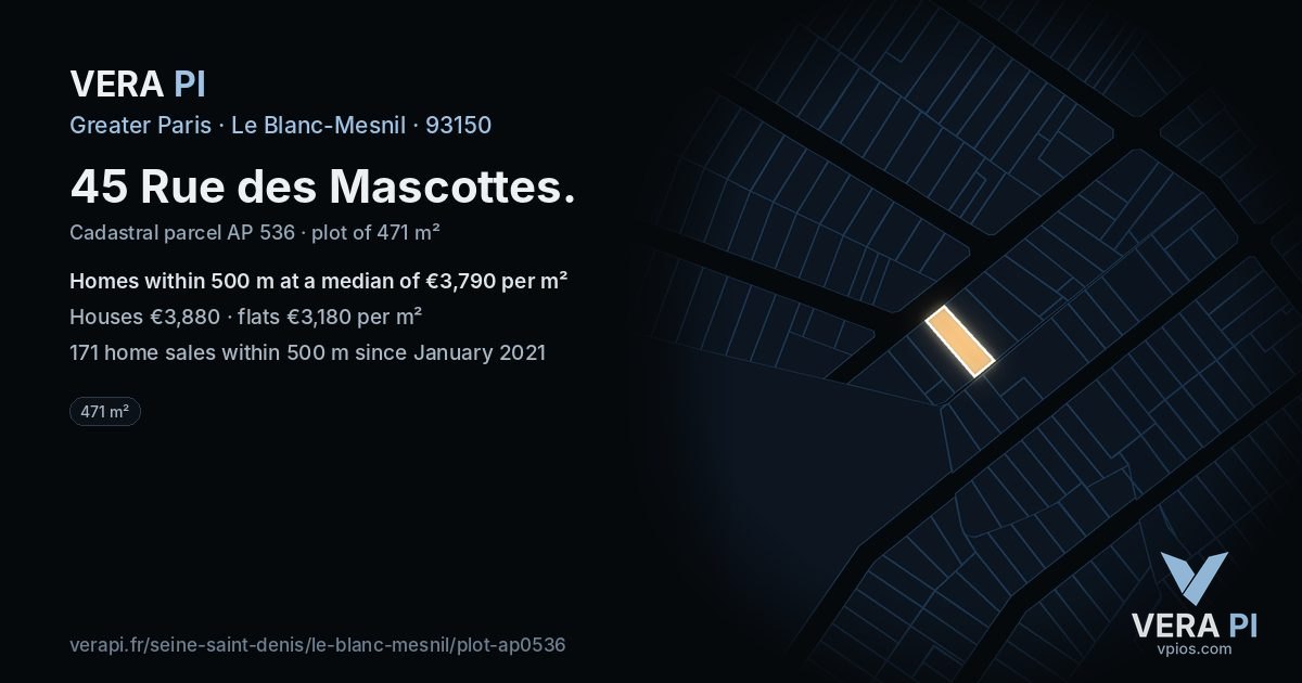 45 Rue des Mascottes, Le Blanc-Mesnil at night – the plot lit, the parcels around coloured by the prices near them