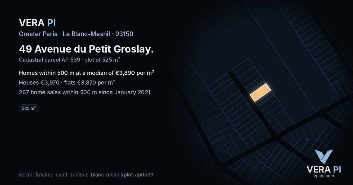 49 Avenue du Petit Groslay, Le Blanc-Mesnil at night – the plot lit, the parcels around coloured by the prices near them