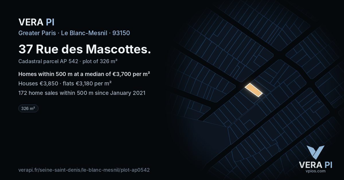 37 Rue des Mascottes, Le Blanc-Mesnil at night – the plot lit, the parcels around coloured by the prices near them