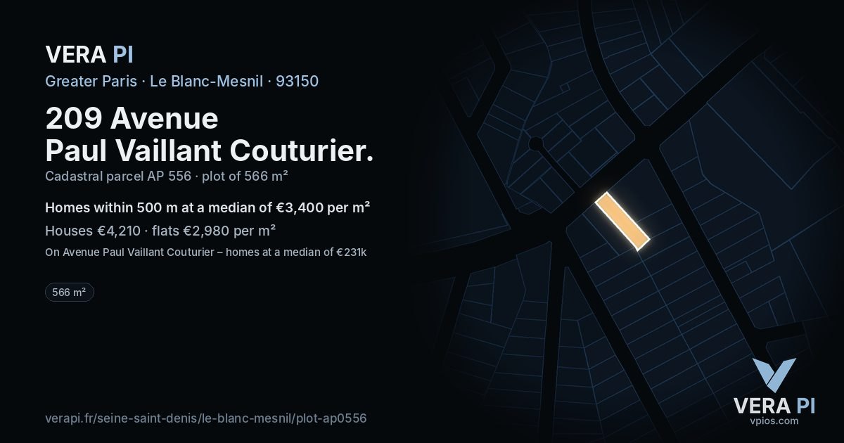 209 Avenue Paul Vaillant Couturier, Le Blanc-Mesnil at night – the plot lit, the parcels around coloured by the prices near them