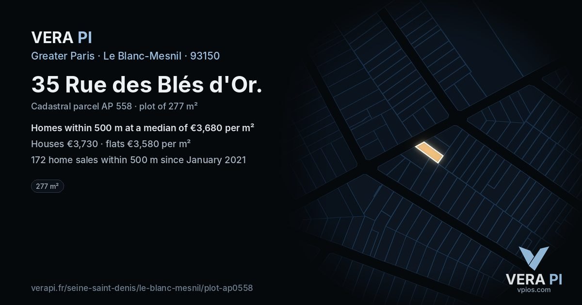 35 Rue des Blés d'Or, Le Blanc-Mesnil at night – the plot lit, the parcels around coloured by the prices near them