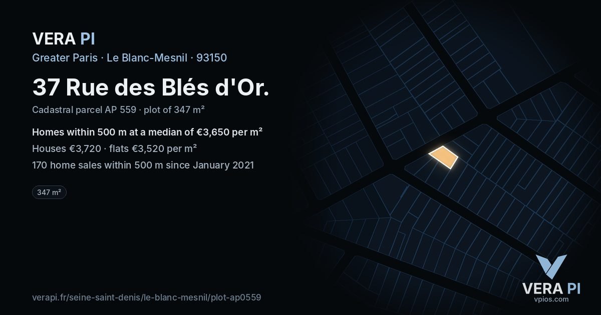 37 Rue des Blés d'Or, Le Blanc-Mesnil at night – the plot lit, the parcels around coloured by the prices near them