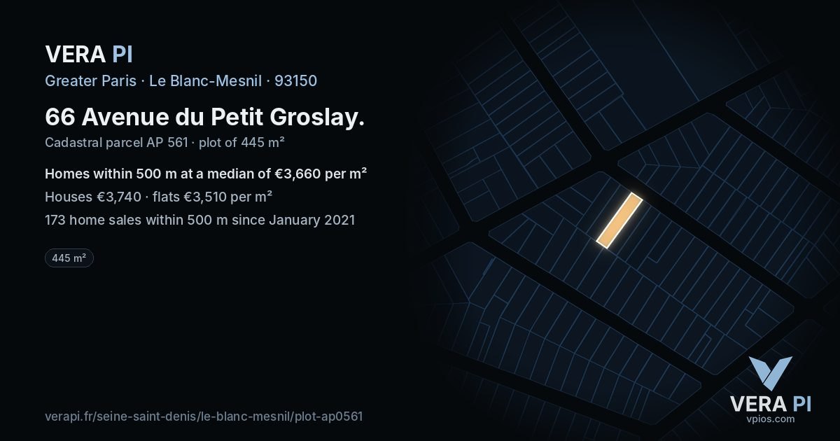 66 Avenue du Petit Groslay, Le Blanc-Mesnil at night – the plot lit, the parcels around coloured by the prices near them