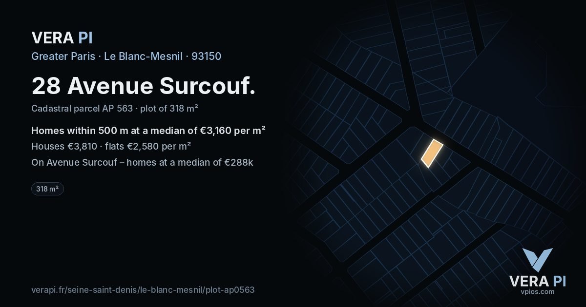 28 Avenue Surcouf, Le Blanc-Mesnil at night – the plot lit, the parcels around coloured by the prices near them