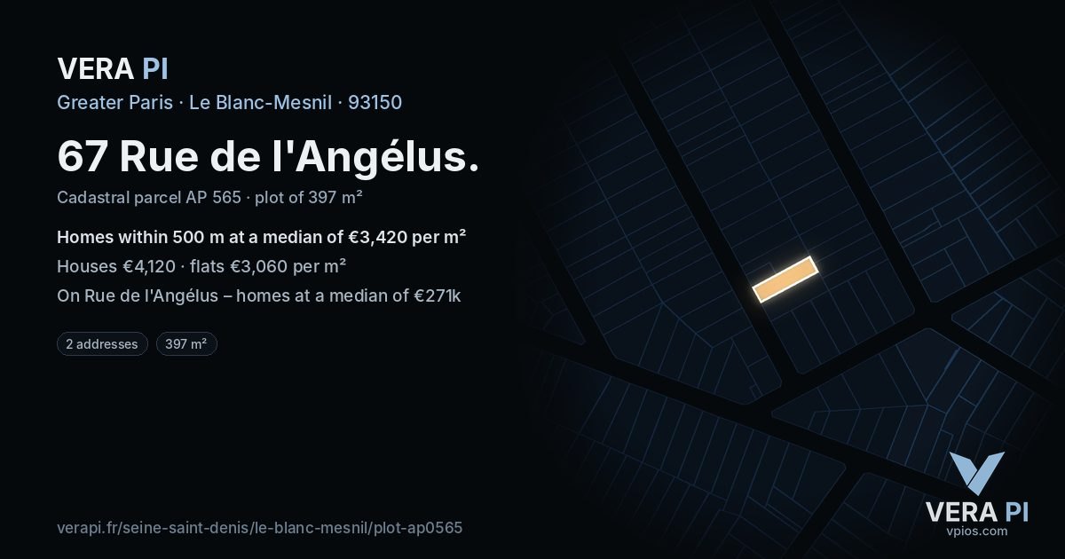 67 Rue de l'Angélus, Le Blanc-Mesnil at night – the plot lit, the parcels around coloured by the prices near them