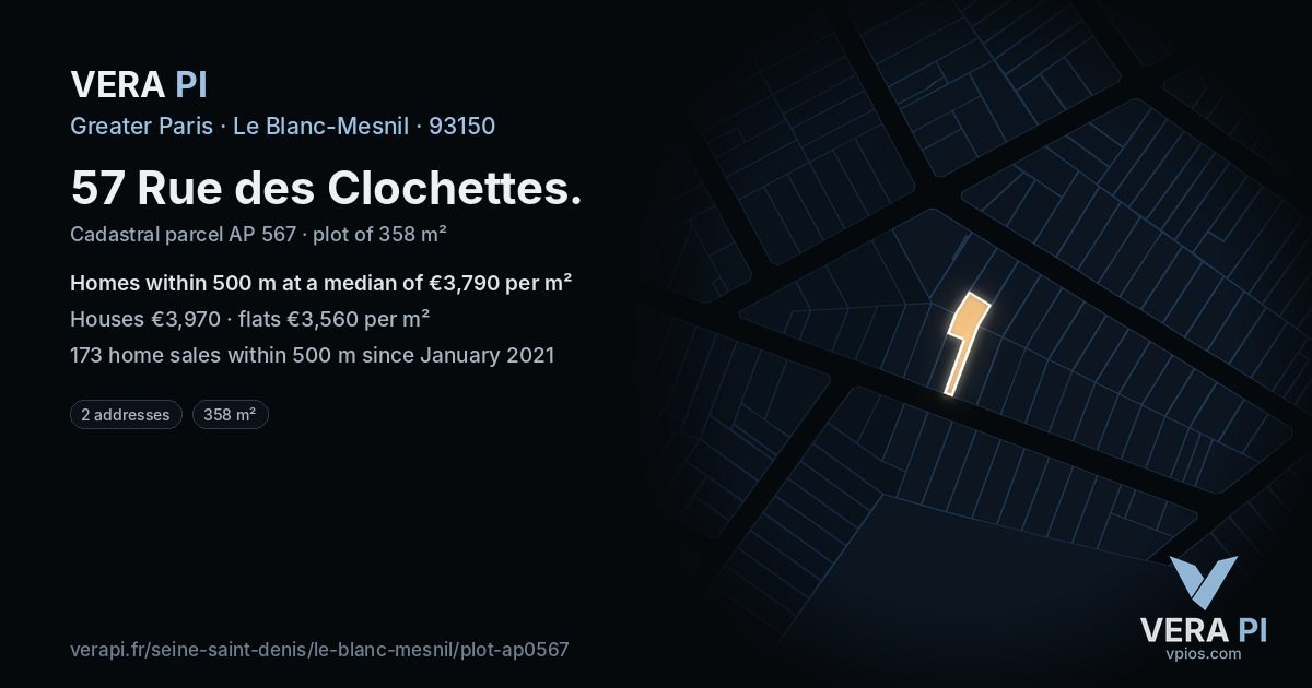 57 Rue des Clochettes, Le Blanc-Mesnil at night – the plot lit, the parcels around coloured by the prices near them