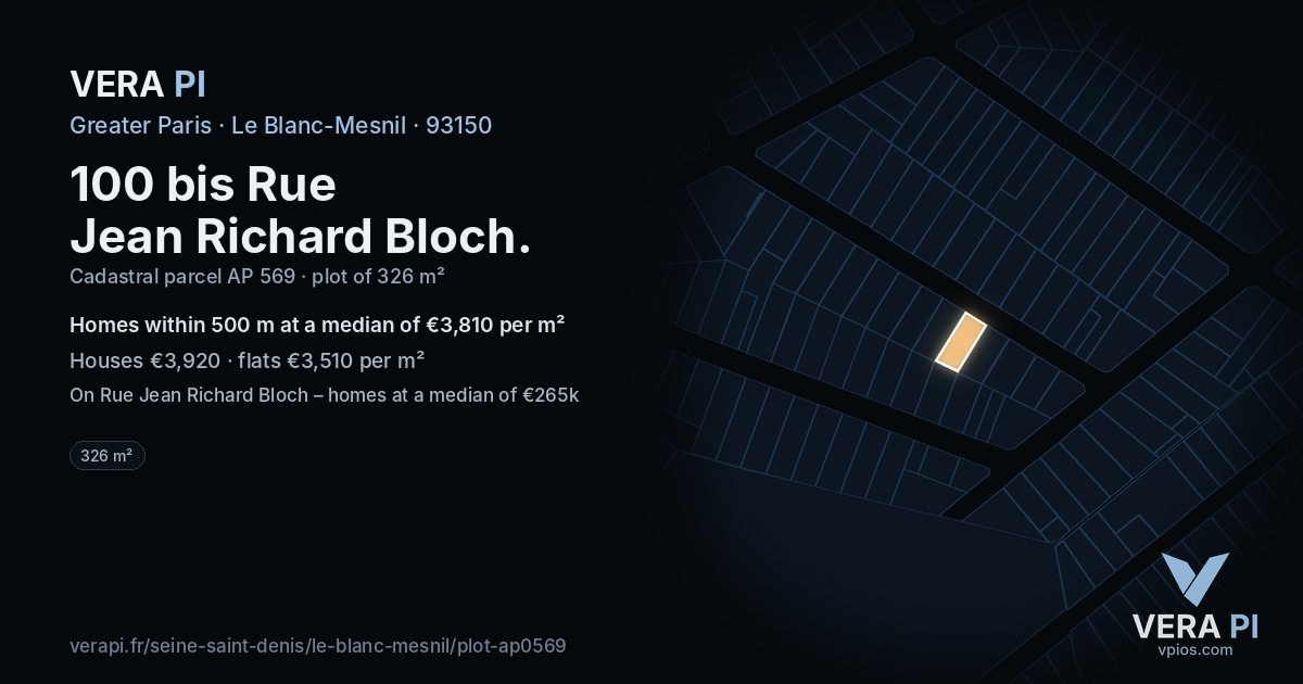 100 bis Rue Jean Richard Bloch, Le Blanc-Mesnil at night – the plot lit, the parcels around coloured by the prices near them