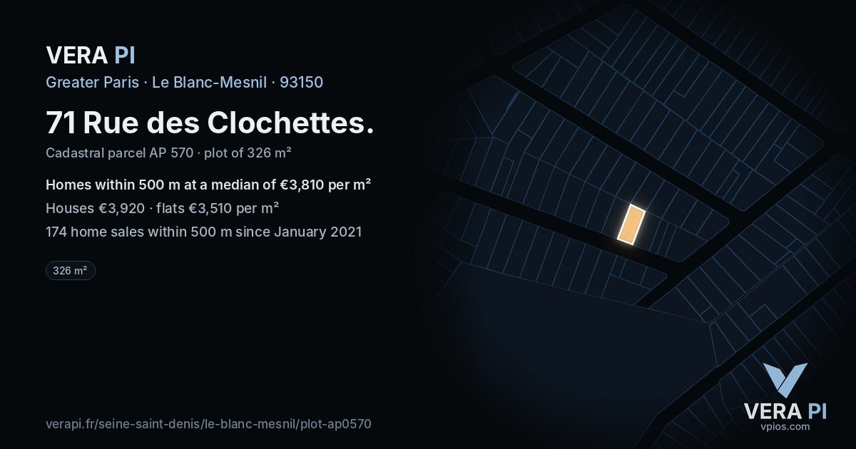 71 Rue des Clochettes, Le Blanc-Mesnil at night – the plot lit, the parcels around coloured by the prices near them