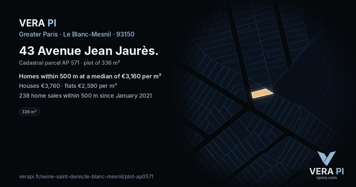 43 Avenue Jean Jaurès, Le Blanc-Mesnil at night – the plot lit, the parcels around coloured by the prices near them