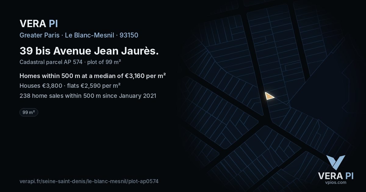 39 bis Avenue Jean Jaurès, Le Blanc-Mesnil at night – the plot lit, the parcels around coloured by the prices near them
