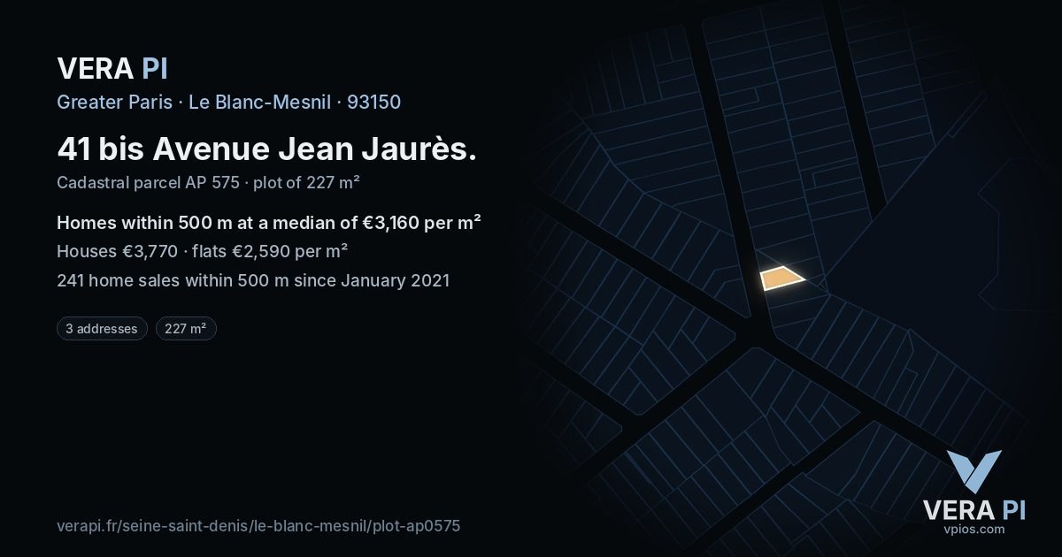 41 bis Avenue Jean Jaurès, Le Blanc-Mesnil at night – the plot lit, the parcels around coloured by the prices near them