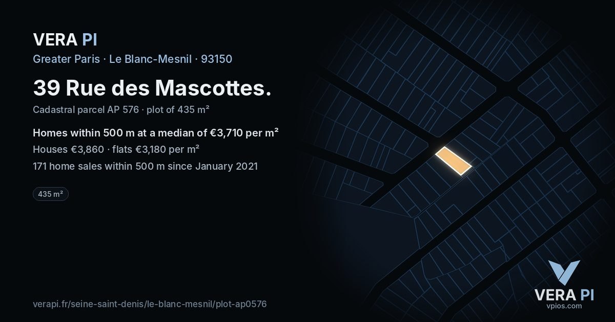 39 Rue des Mascottes, Le Blanc-Mesnil at night – the plot lit, the parcels around coloured by the prices near them