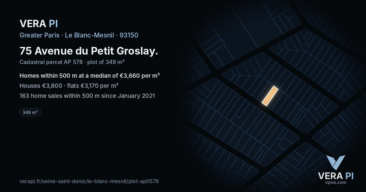 75 Avenue du Petit Groslay, Le Blanc-Mesnil at night – the plot lit, the parcels around coloured by the prices near them