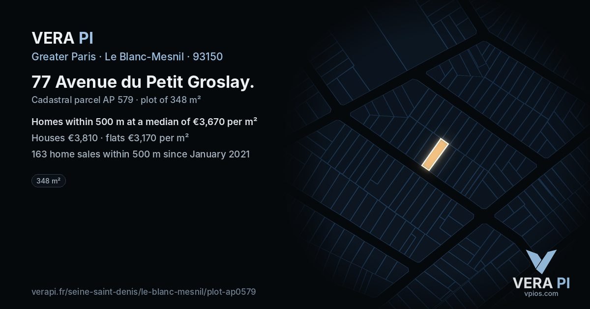 77 Avenue du Petit Groslay, Le Blanc-Mesnil at night – the plot lit, the parcels around coloured by the prices near them
