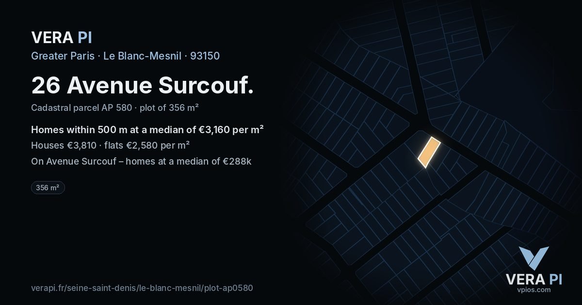 26 Avenue Surcouf, Le Blanc-Mesnil at night – the plot lit, the parcels around coloured by the prices near them