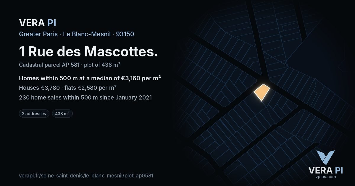 1 Rue des Mascottes, Le Blanc-Mesnil at night – the plot lit, the parcels around coloured by the prices near them