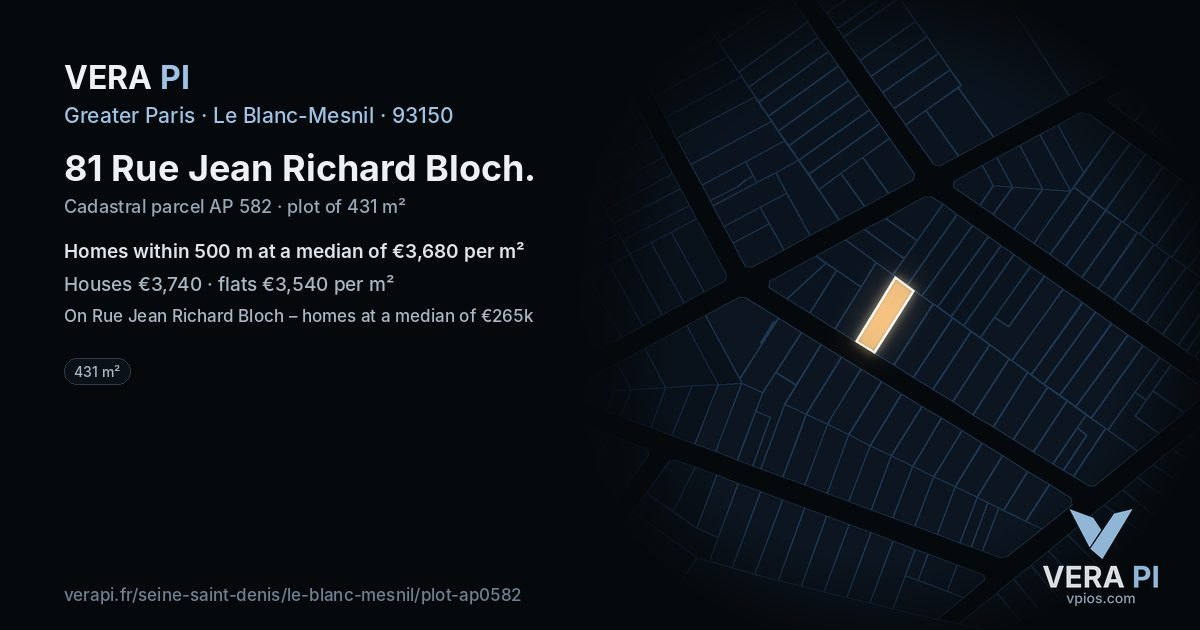 81 Rue Jean Richard Bloch, Le Blanc-Mesnil at night – the plot lit, the parcels around coloured by the prices near them