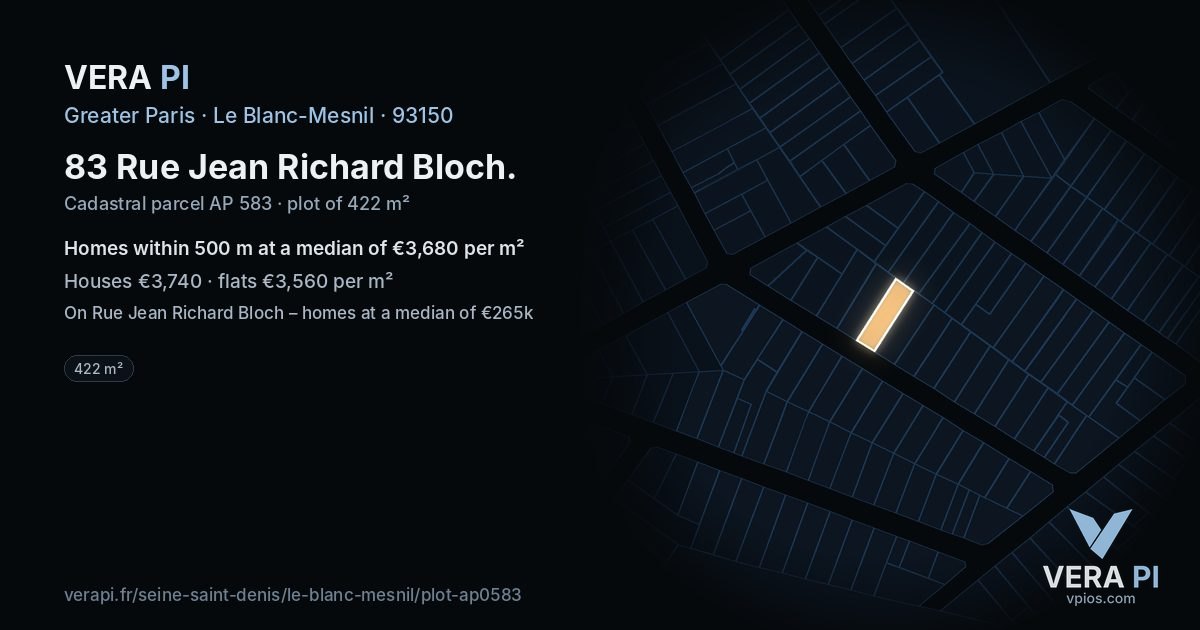 83 Rue Jean Richard Bloch, Le Blanc-Mesnil at night – the plot lit, the parcels around coloured by the prices near them