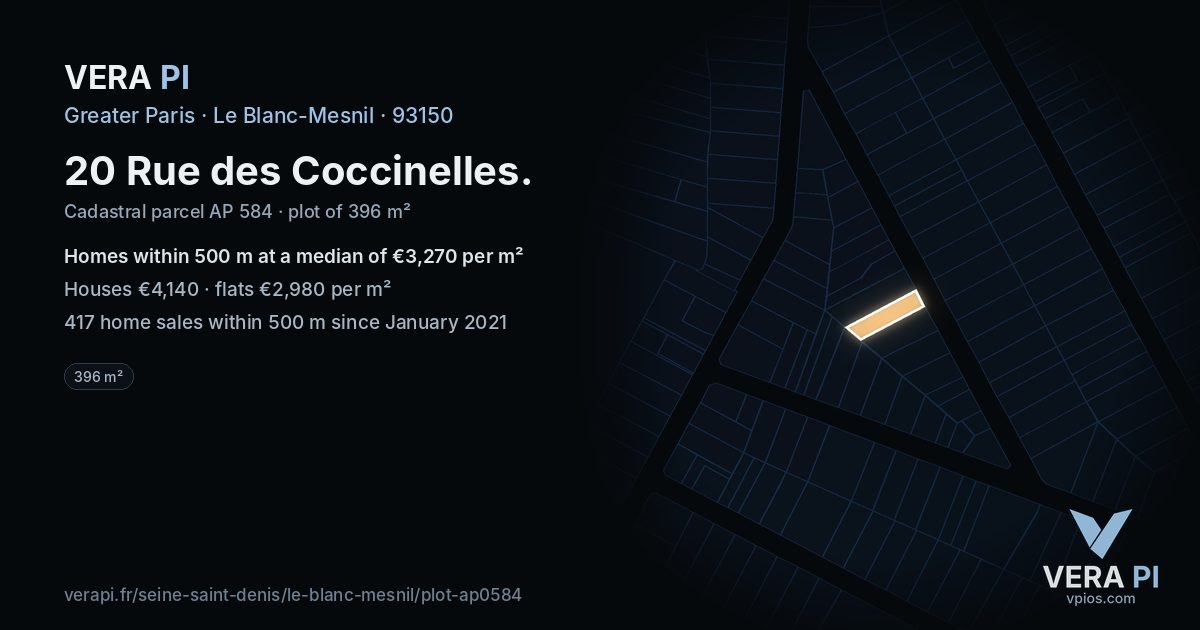20 Rue des Coccinelles, Le Blanc-Mesnil at night – the plot lit, the parcels around coloured by the prices near them