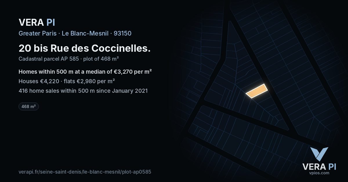 20 bis Rue des Coccinelles, Le Blanc-Mesnil at night – the plot lit, the parcels around coloured by the prices near them