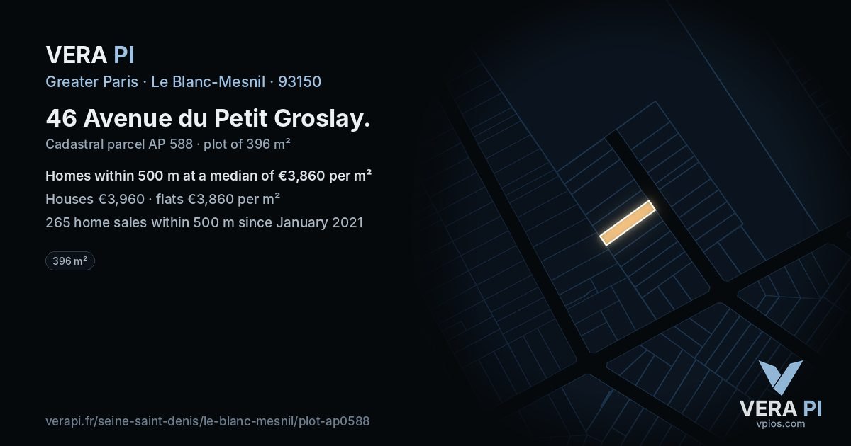 46 Avenue du Petit Groslay, Le Blanc-Mesnil at night – the plot lit, the parcels around coloured by the prices near them