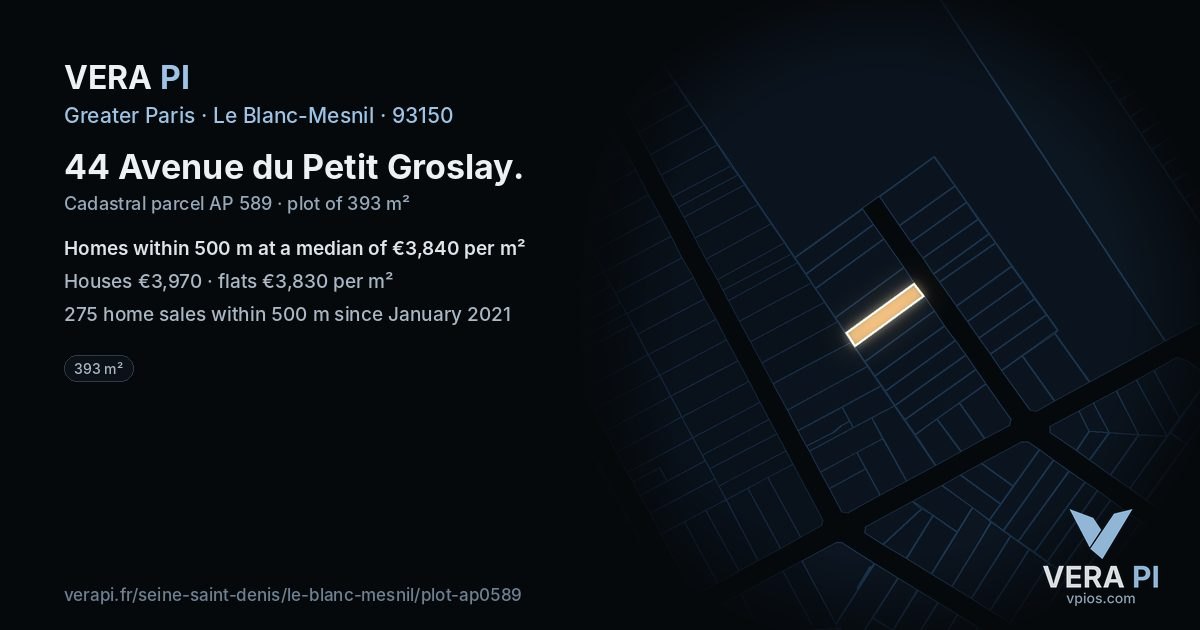 44 Avenue du Petit Groslay, Le Blanc-Mesnil at night – the plot lit, the parcels around coloured by the prices near them