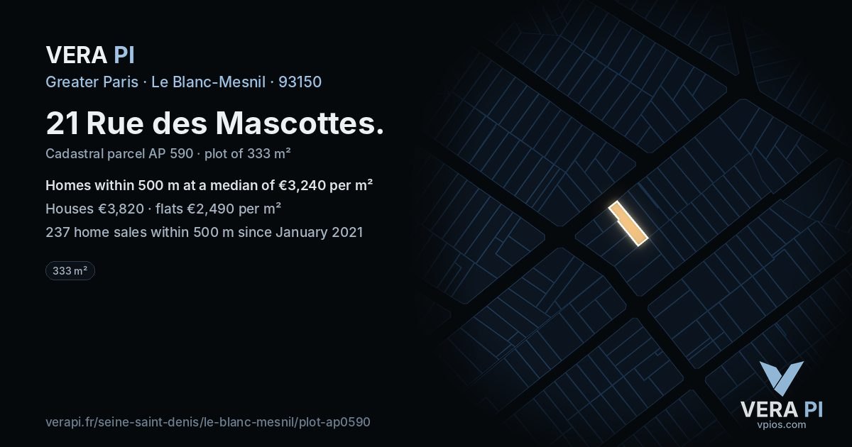 21 Rue des Mascottes, Le Blanc-Mesnil at night – the plot lit, the parcels around coloured by the prices near them