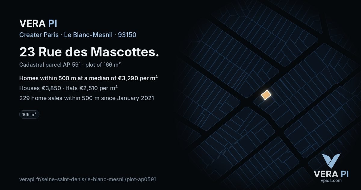 23 Rue des Mascottes, Le Blanc-Mesnil at night – the plot lit, the parcels around coloured by the prices near them