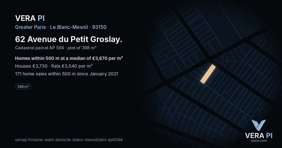 62 Avenue du Petit Groslay, Le Blanc-Mesnil at night – the plot lit, the parcels around coloured by the prices near them