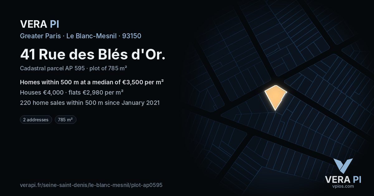 41 Rue des Blés d'Or, Le Blanc-Mesnil at night – the plot lit, the parcels around coloured by the prices near them